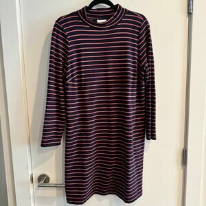J. Jill Mock Neck Dress Blue Pink Stripe Terry Knit Pullover Long Sleeve Sz L